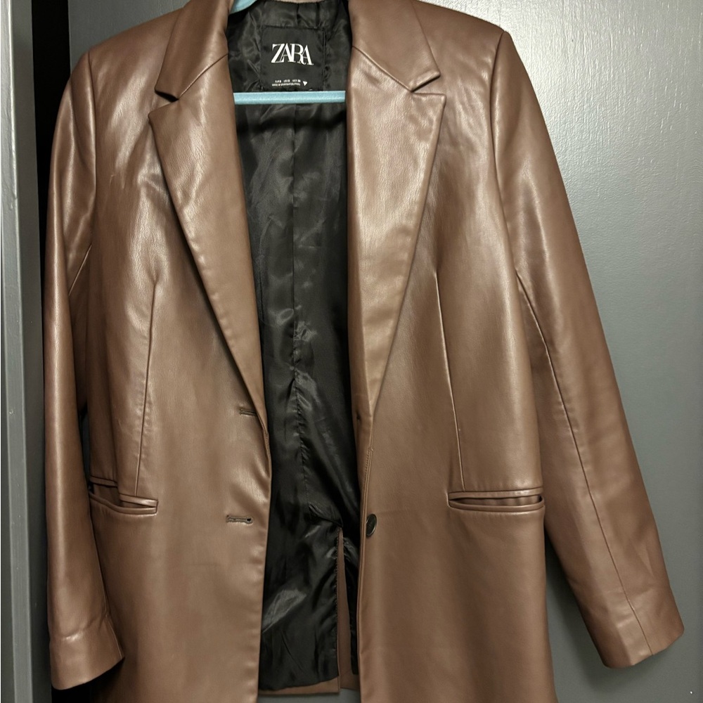Zara Women's Chocolate Brown Faux Leather Blazer